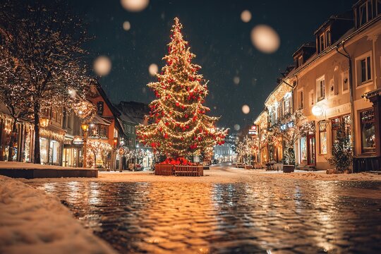 A festive street scene at night with a large Christmas tree wrapped in golden lights and red ornaments, standing at the center of a cobbled town square.