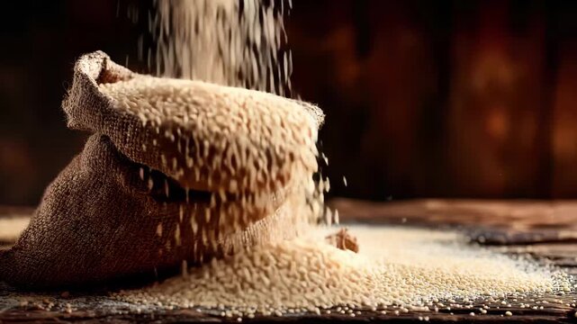 Burlap sack overflowing with grains spilling onto rustic wood, 4k video footage