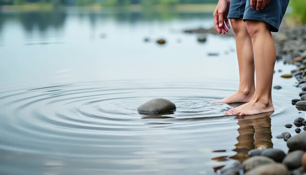 Child skipping stones on calm lake surface showcasing tranquil outdoor activity