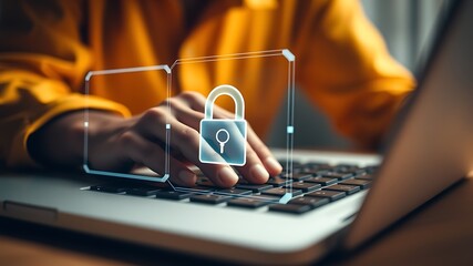 Person typing on laptop with digital padlock overlay keyboard