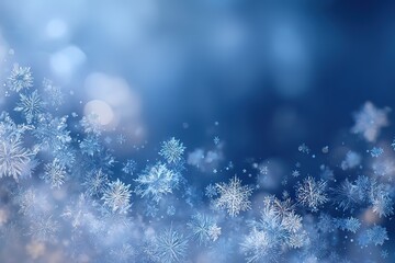 A gradient background fading from sky blue to navy blue, layered with a flurry of bright white and pale blue snowflakes of various intricate designs. Soft cool bokeh lights in the background