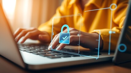 Person typing on laptop with digital security icon hands keyboard