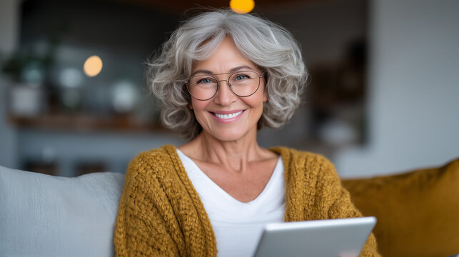 Happy senior woman using tablet at home with warm smile older adult, technology use, active senior, happy lifestyle, home scene