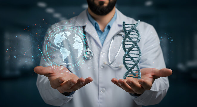 Global healthcare innovation, a doctor holds a digital earth and dna model promoting medical