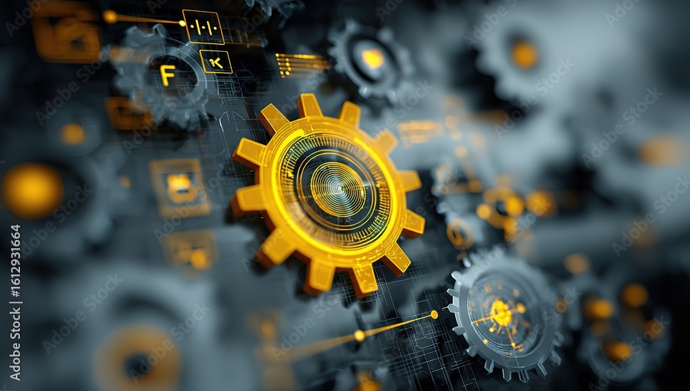 Poster a yellow gear at the center of an array of gray gears, surrounded by colorful data points and number