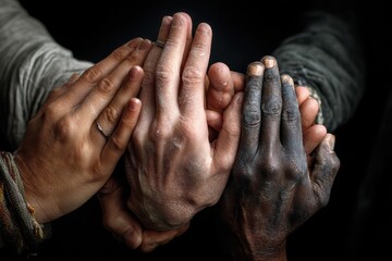 Unity in diversity through hands that represent different nations and religions