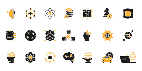 Artificial intelligence icon set, future technology for automation, assistance, prediction, suggestion and data processing deep learning