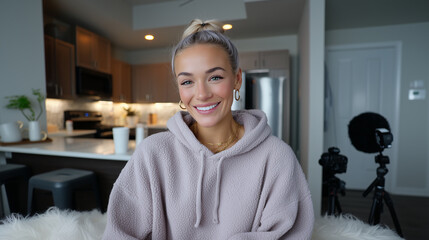Influencer vlogging a daily routine in a bright kitchen with camera and ring lightinfluencer vlog, daily routine, YouTube creator, lifestyle video, home setup