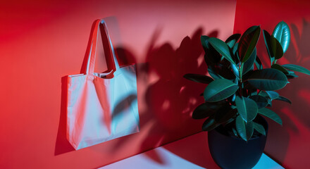 Stylish interior composition featuring a blank tote bag and ficus plant with vibrant red and blue