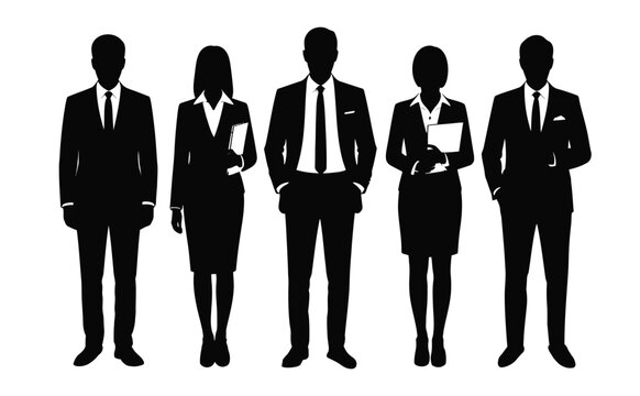 Minimal black silhouette icon of five business professionals in formal attire, symbolizing diversity, corporate presence, and teamwork.