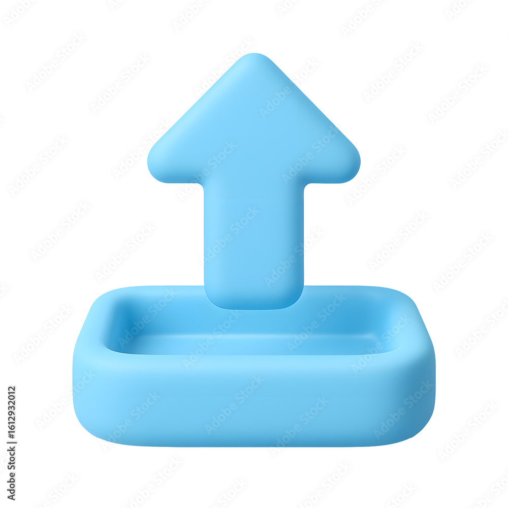Poster 3d blue upload icon with upward arrow symbol on transparent background for data or file transfer