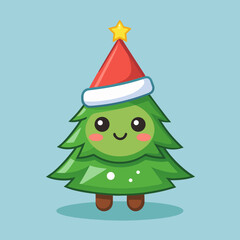 A funny vector icon of a pine tree wearing a tiny Santa hat, but it's still July.