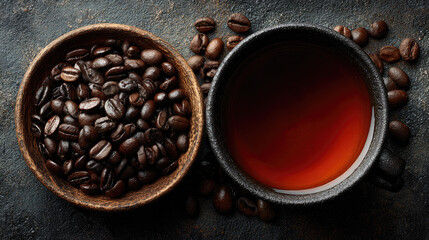 Top view of coffee beans and dried tea leaves arranged side by side on a rustic background,illustrating the concept of choosing between coffee and tea for morning drinks,lifestyle, and healthy choices