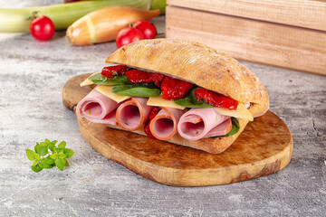 Ciabatta with mortadella, tomato, cheese and spinach