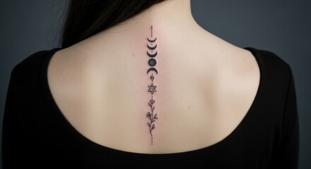 Minimalist moon phases and botanical tattoo on female's back