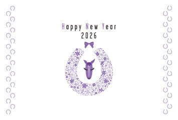 花で形どった蹄と馬の顔モチーフの2026年賀状～パープル～