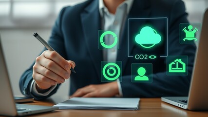 Person interacting with digital carbon footprint icons business hand