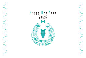 花で形どった蹄と馬の顔モチーフの2026年賀状〜ターコイズブルー〜