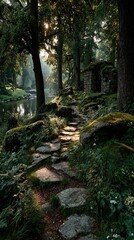 Obraz premium Sunlight Illuminating Forest Path. High quality