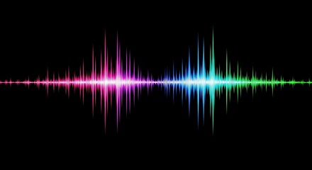 Abstract image of a colorful sound wave visualization against a black background, showing peaks and troughs.