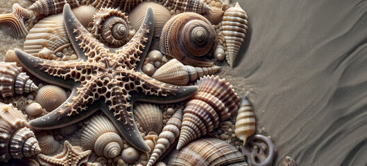 Maritimer Hintergrund mit Seestern, Sand, Muschel, copy space, Textur, Banner
