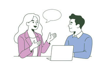 Minimal black line icon of two professionals in conversation, with expressive gestures and laptop, symbolizing communication and collaboration.