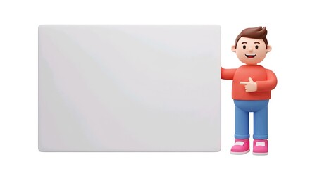 person pointing a big blank white board, cartoon 3D illustration, isolated on white background