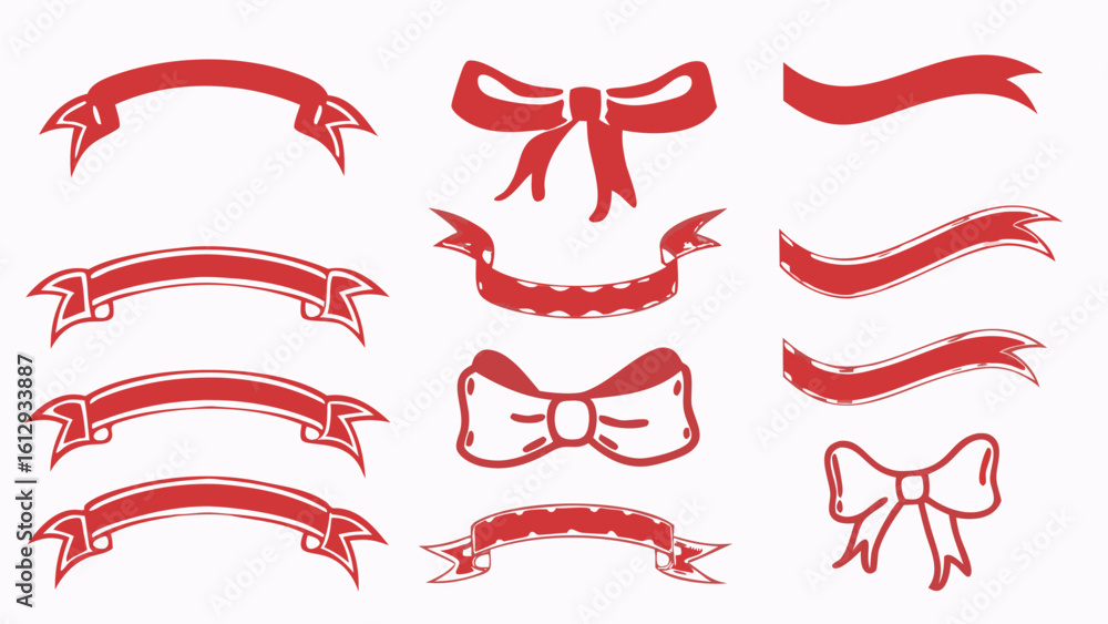 Poster various red ribbons and bows with different shapes and styles on a white background