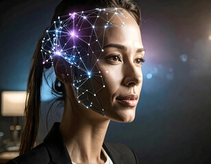 An attractive woman in the age of technology with a glowing network over her face, portraying futuristic concept