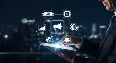 Visual representation of a comprehensive marketing ecosystem, where various elements like advertising, AI, analytics, and global reach are connected to a central communication tool.