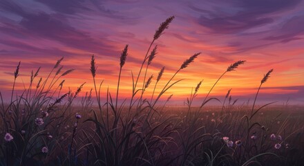 Fiery sunset paints a field of whispering grasses