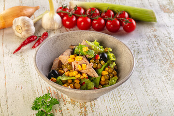 Dietary salad with canned tuna and corn