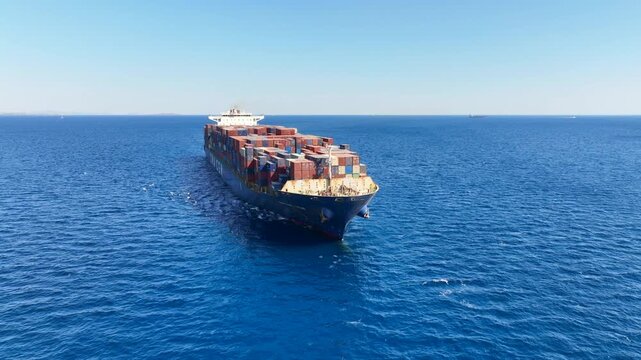 Aerial drone video over colorful truck size container ship cruising in open ocean deep blue Mediterranean sea