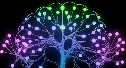 A vibrant, glowing neural network with colorful nodes branching out like a tree against a black background.