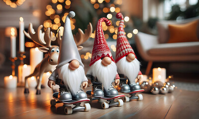 Lustige, fröhliche Gnome auf Skateboards in festlicher Kleidung, umgeben von Weihnachtsdekorationen