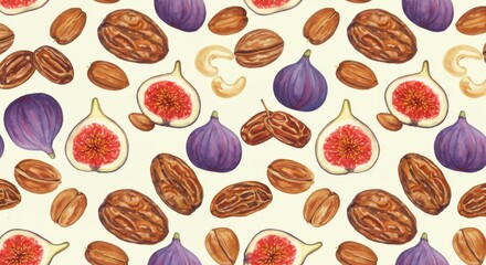 Fig dates  nuts repeat vibrant pattern on cream ground