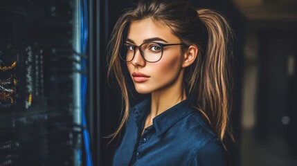 A young woman with glasses stands confidently beside server racks in a technology-focused environment