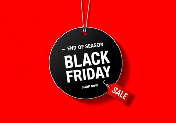 hanging from white strings, vibrant red background. Black Friday sale tag circle banner and the rope hanging on red background, minimalist graphic design for Black Friday. A large black circular tag.