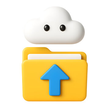 3D cloud upload folder icon, yellow file with blue arrow and cute cloud face, isolated on transparent background