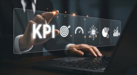 importance of measurable goals and data analysis, the image shows a hand interacting with a digital display of KPIs and related analytical tools.