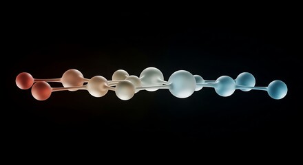 A vibrant abstract chain of interconnected translucent spheres displays a striking color gradient from warm red to cool blue against a dark background.
