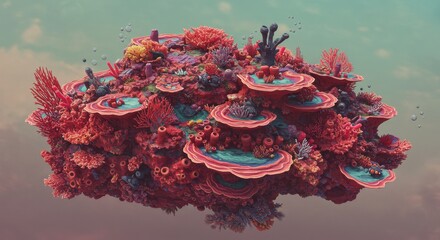 Floating Coral Isle A vibrant reef hovers in a surreal sky teeming with life