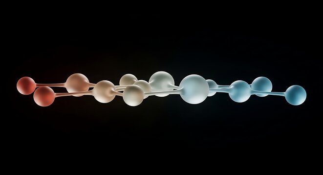 A vibrant abstract chain of interconnected translucent spheres displays a striking color gradient from warm red to cool blue against a dark background. - Powered by Adobe