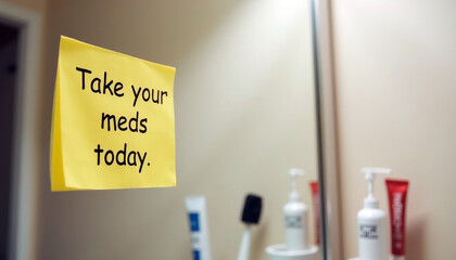 Reminder note on bathroom mirror for daily medication routine