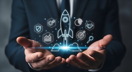 concept of a startup launch, business growth, innovation, and taking a new idea to the next level, suggesting a blend of technology and strategic planning for success.