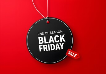Black Friday sale tag circle banner and the rope hanging on red background, A minimalist graphic design for Black Friday. large black circular tag, hanging from white strings, a vibrant red background