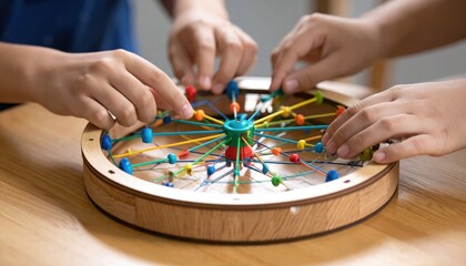Childrens Hands Engaging with Colorful Wooden Educational Toy on Tabletop.