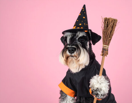 A Halloween dog costume with a hat and broom, on pink background. The dog looks as if it is ready for a holiday!