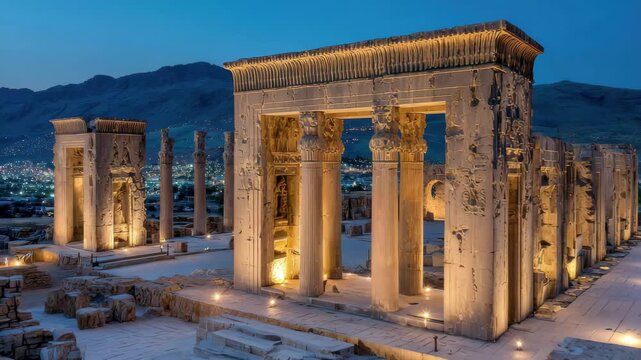 Persepolis ruins ancient Persia night view illuminated columns, 4k video footage