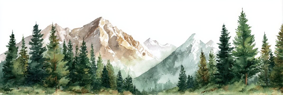 Country Invite. Rustic Wedding Invitation with Watercolor Mountain Landscape